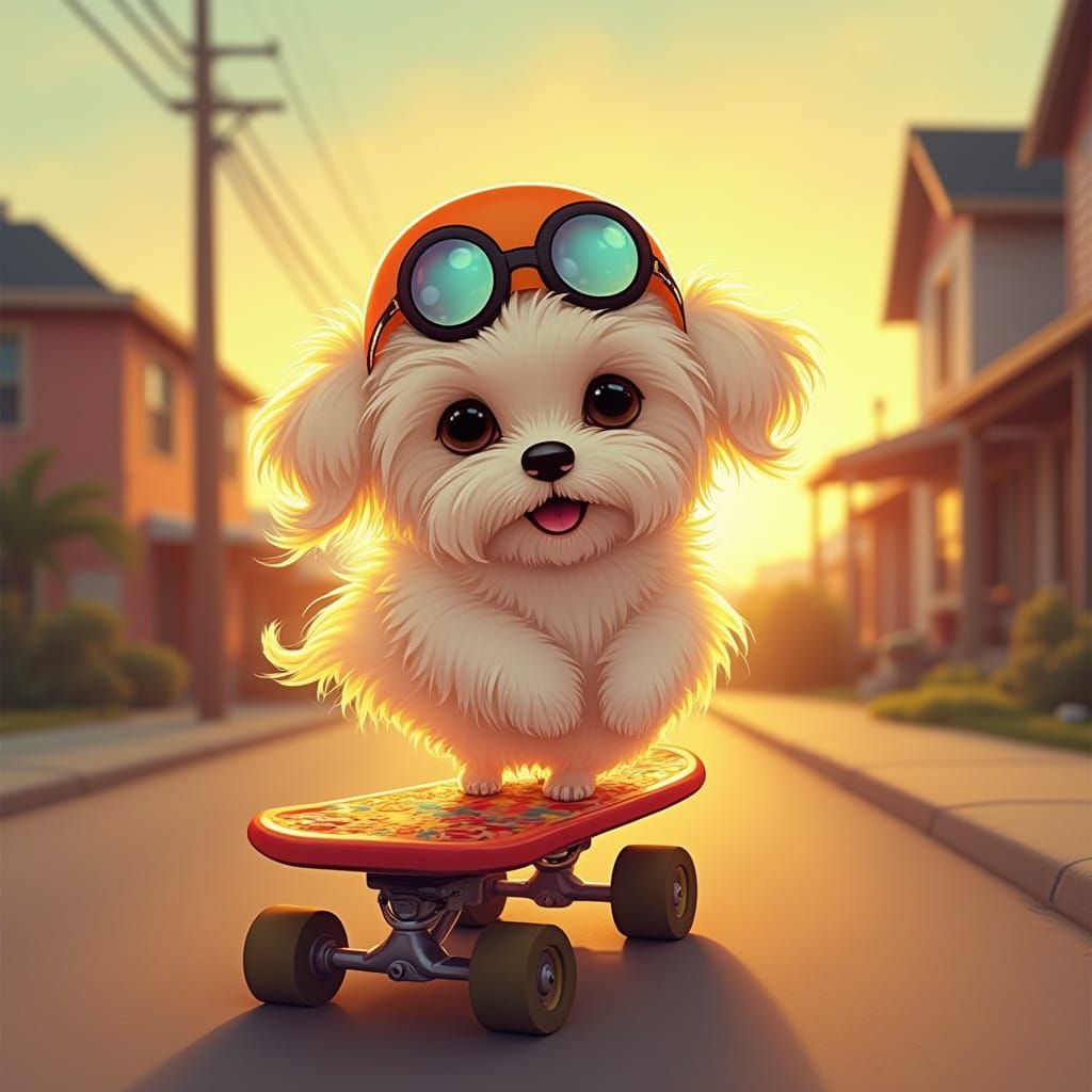Whimsical Havanese Dog Cruises on Retro Skateboard