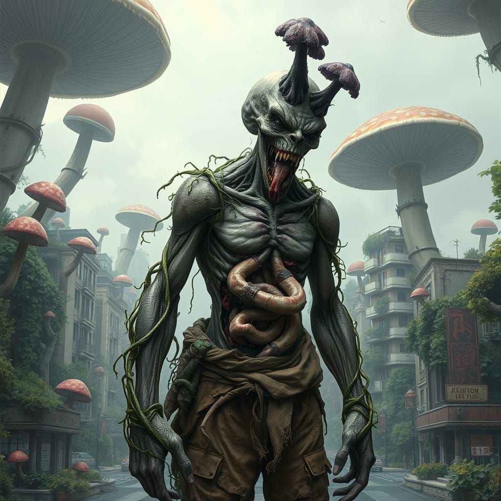 Surreal, Rotting Humanoid Amidst Urban Decay