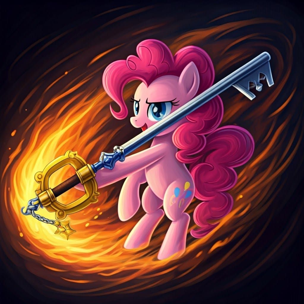 Whimsical Pony Wields Keyblade Amidst Vibrant Flames