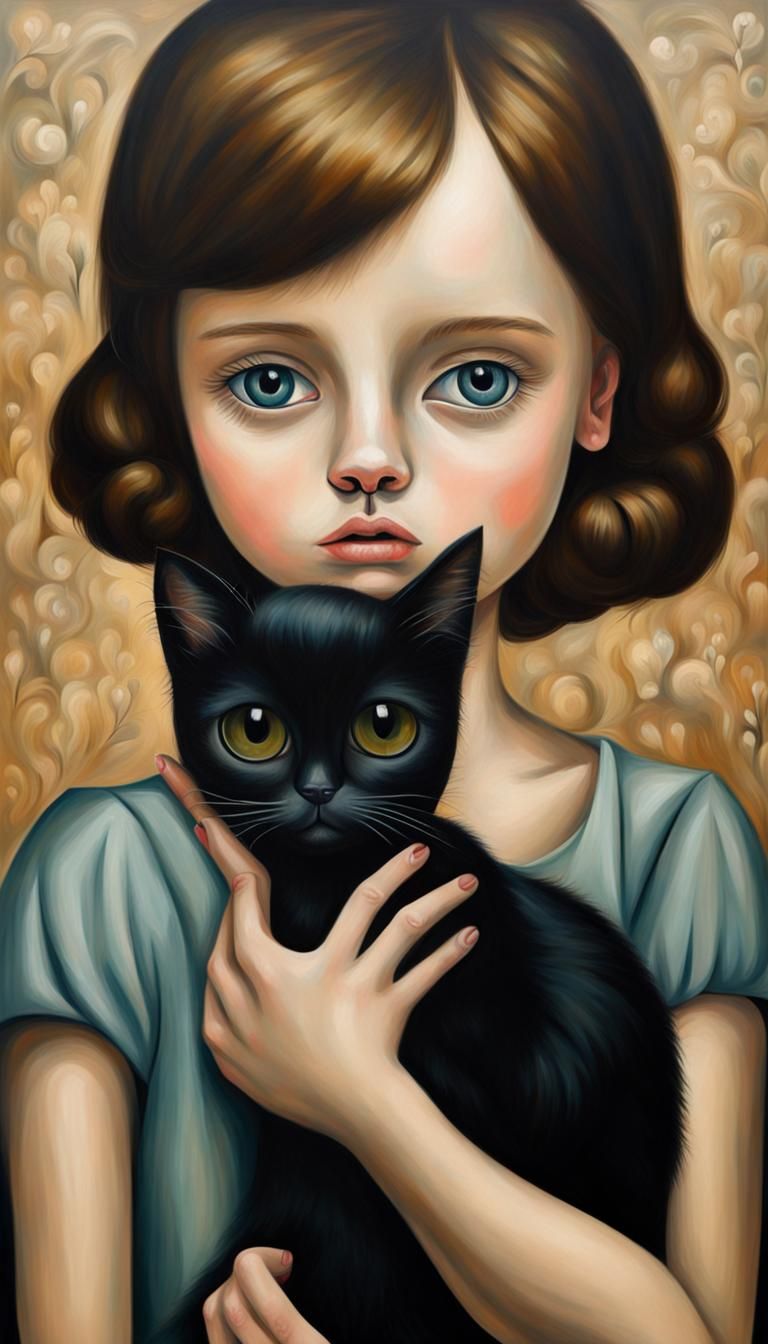 Crying Girl with Black Cat in Keane Style