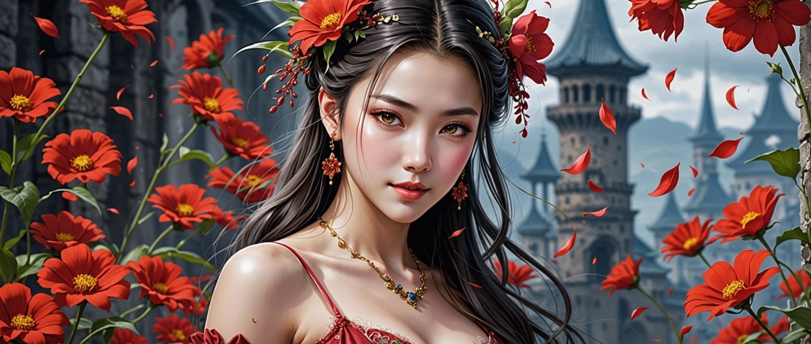 Girl with Flowers, Broken Glass Effect Art