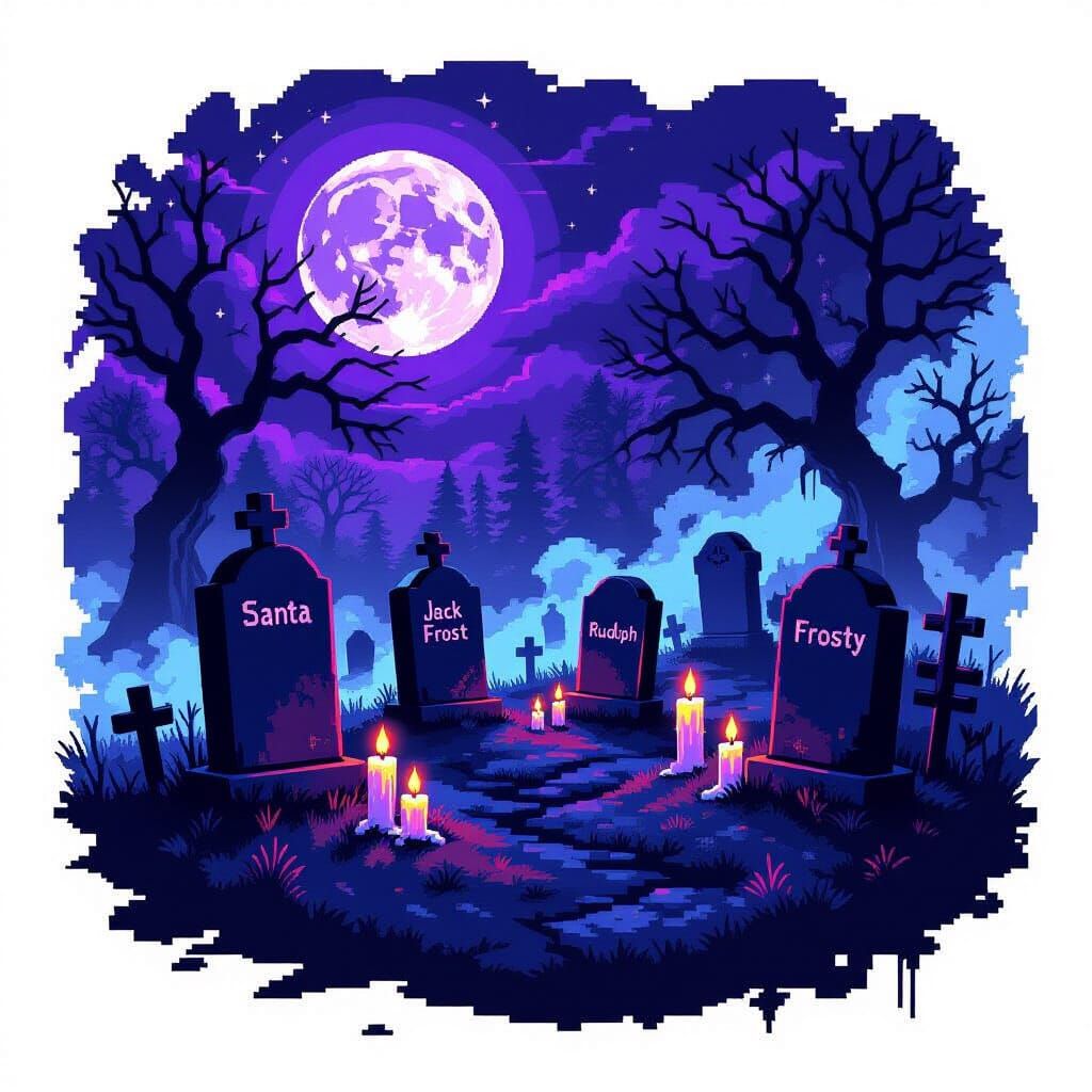 Haunted Graveyard 8-Bit Pixel Art Under Purple Moonlight