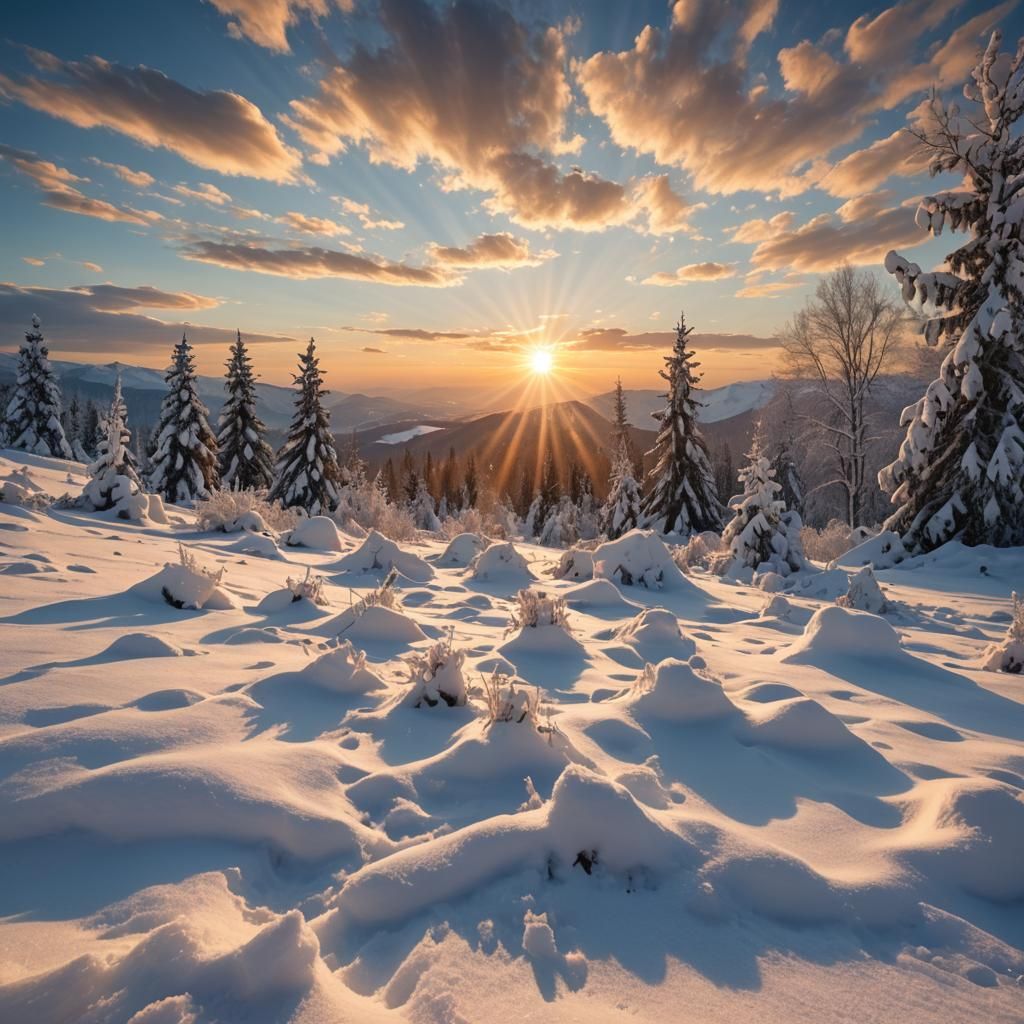 Heavenly Sunset Beams on Snowy Landscape