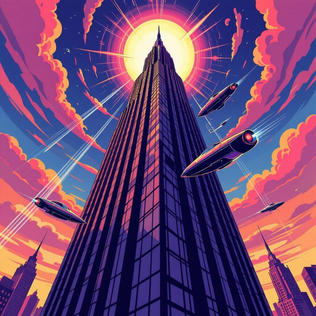 Comic Book Style Skyscraper with Retro-Futuristic Cars