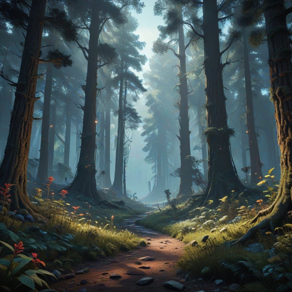 Mystical Redwood Forest in Ethereal Moonlight