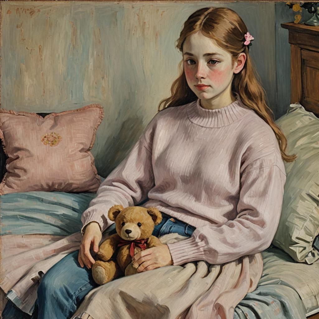 Teenage Girl with Teddy Bear: Vintage Oil Painting