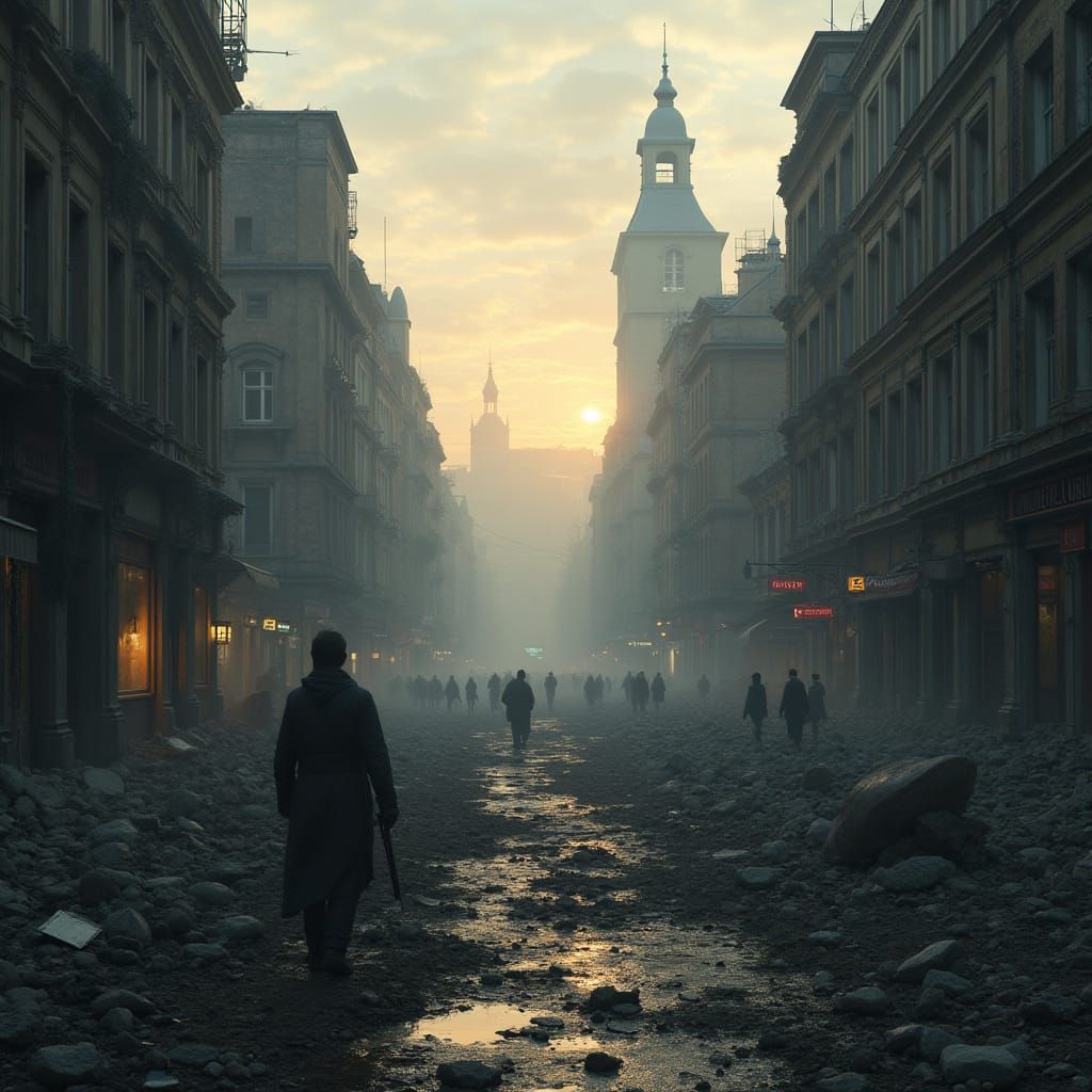War-Torn European Cityscape in Ruin