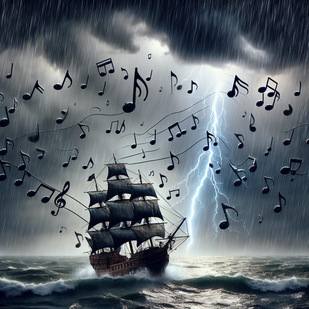 Ship Sails Through Storm of Musical Notes