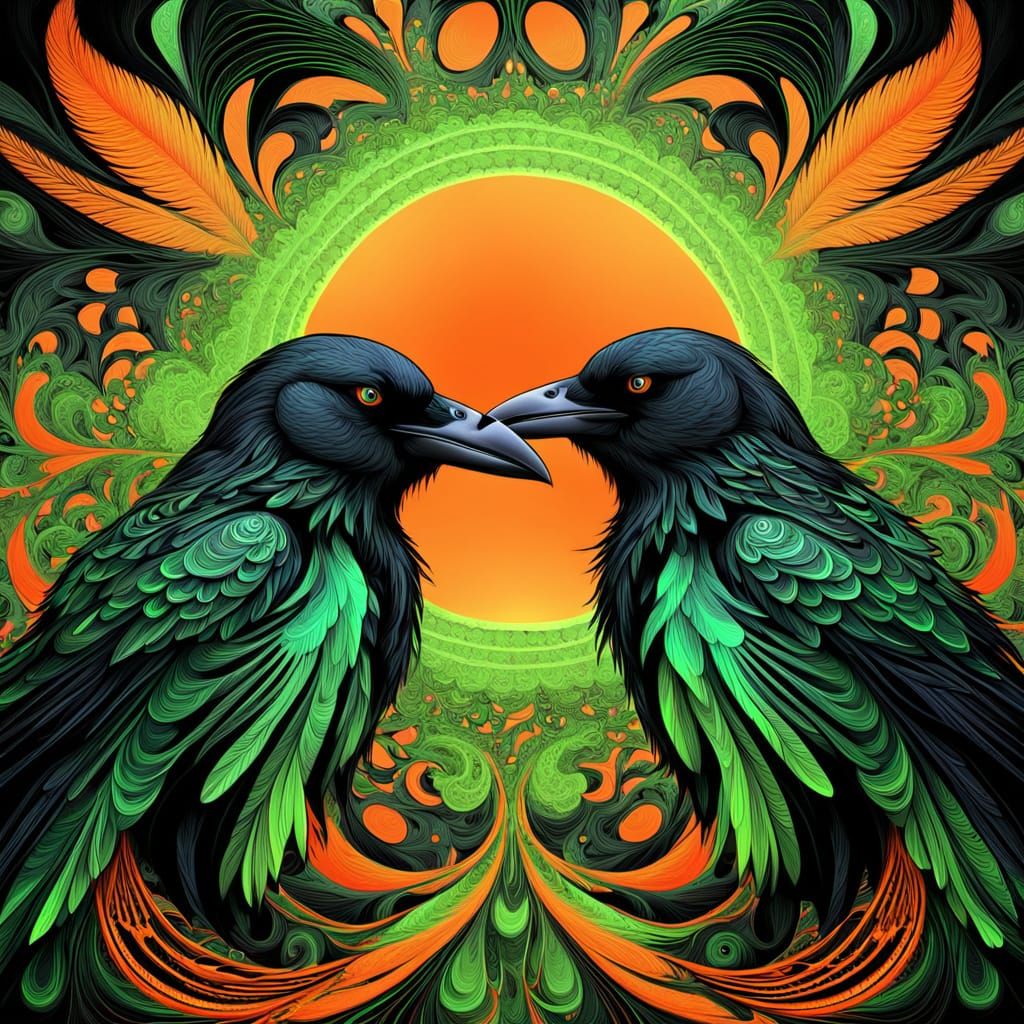 Neon Crows in Love: Psychedelic Fractal Art