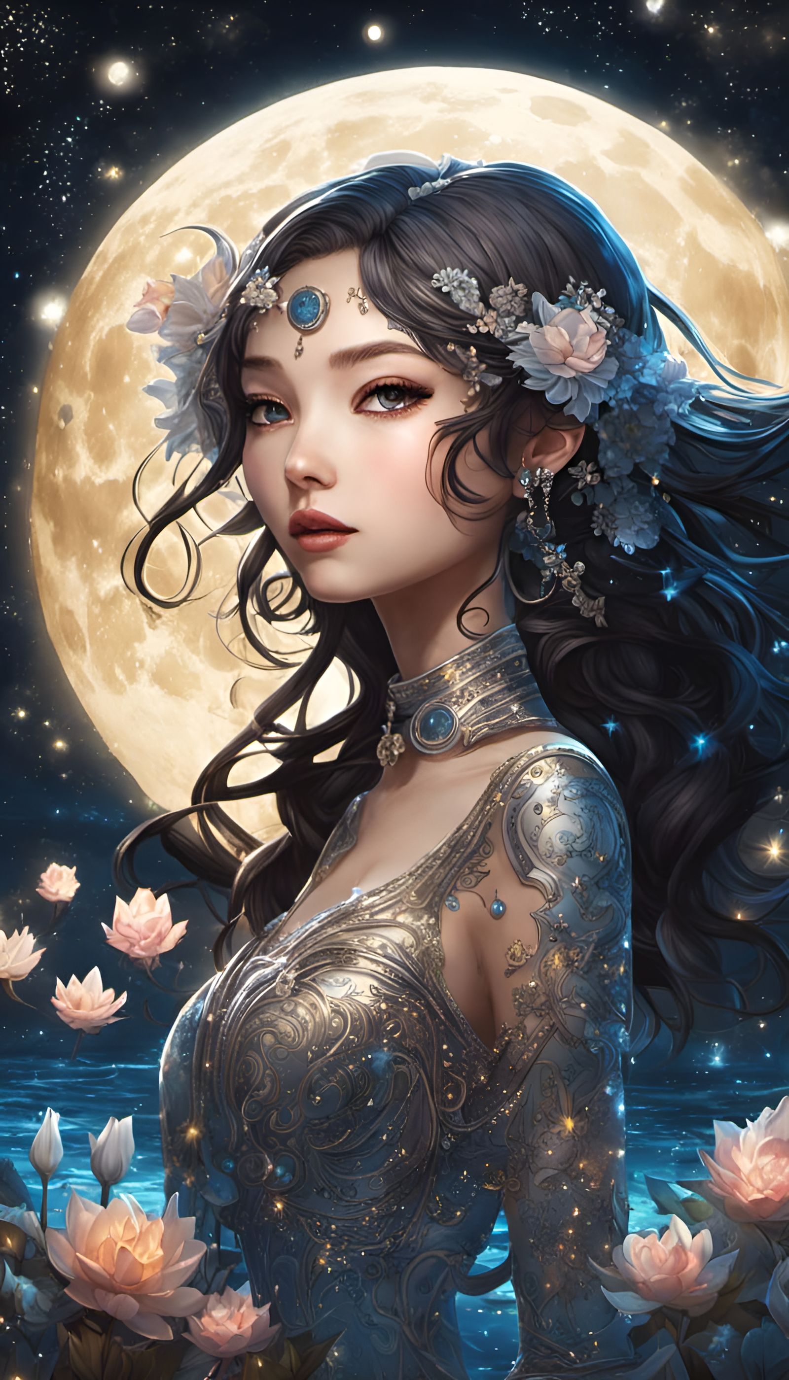 Chibi Woman Swimming Under a Starry Moonlit Sky