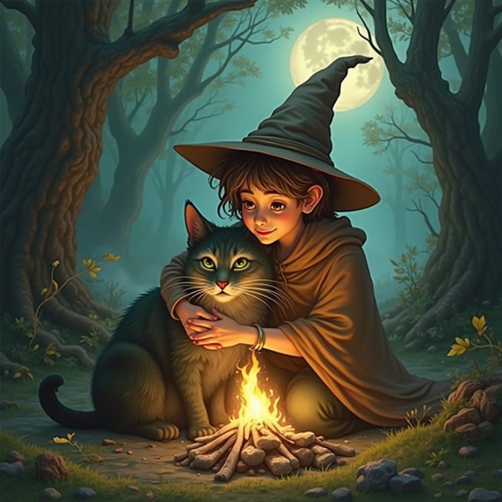 Mystical Witch Enfolds Moonlit Feline Companion