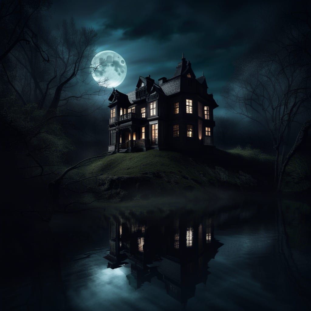Spooky Mansion on a Hill at Night