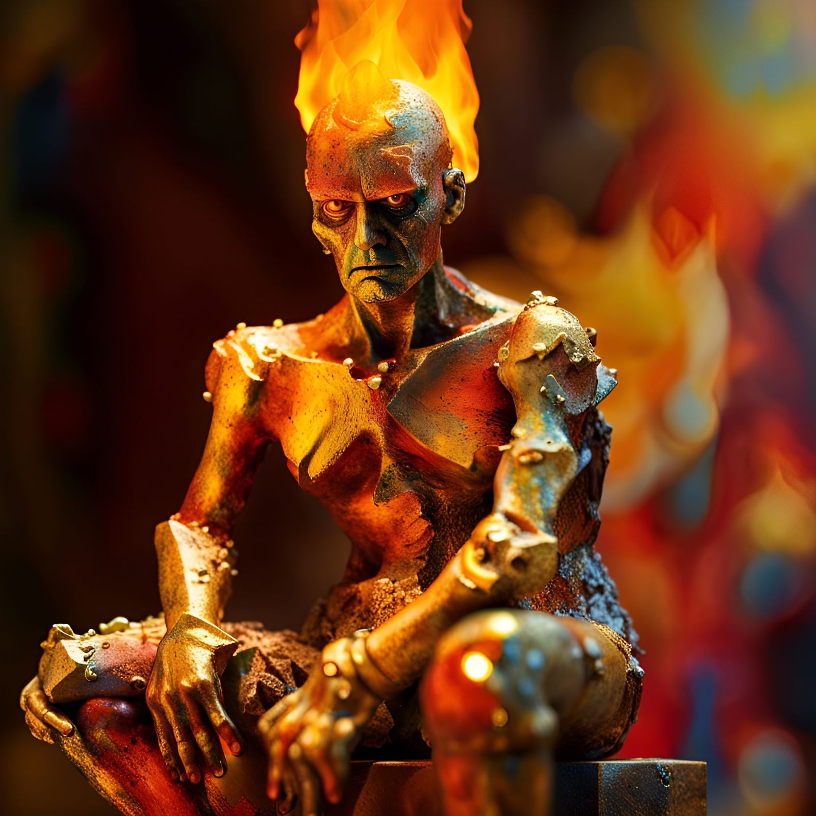 Electrum Golem Figurine in Hellfire, Hyper-Stylistic Art