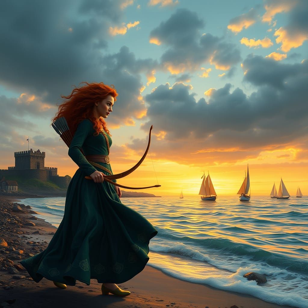 Ethereal Scotland Landscape with Merida in Flowing Green Att...