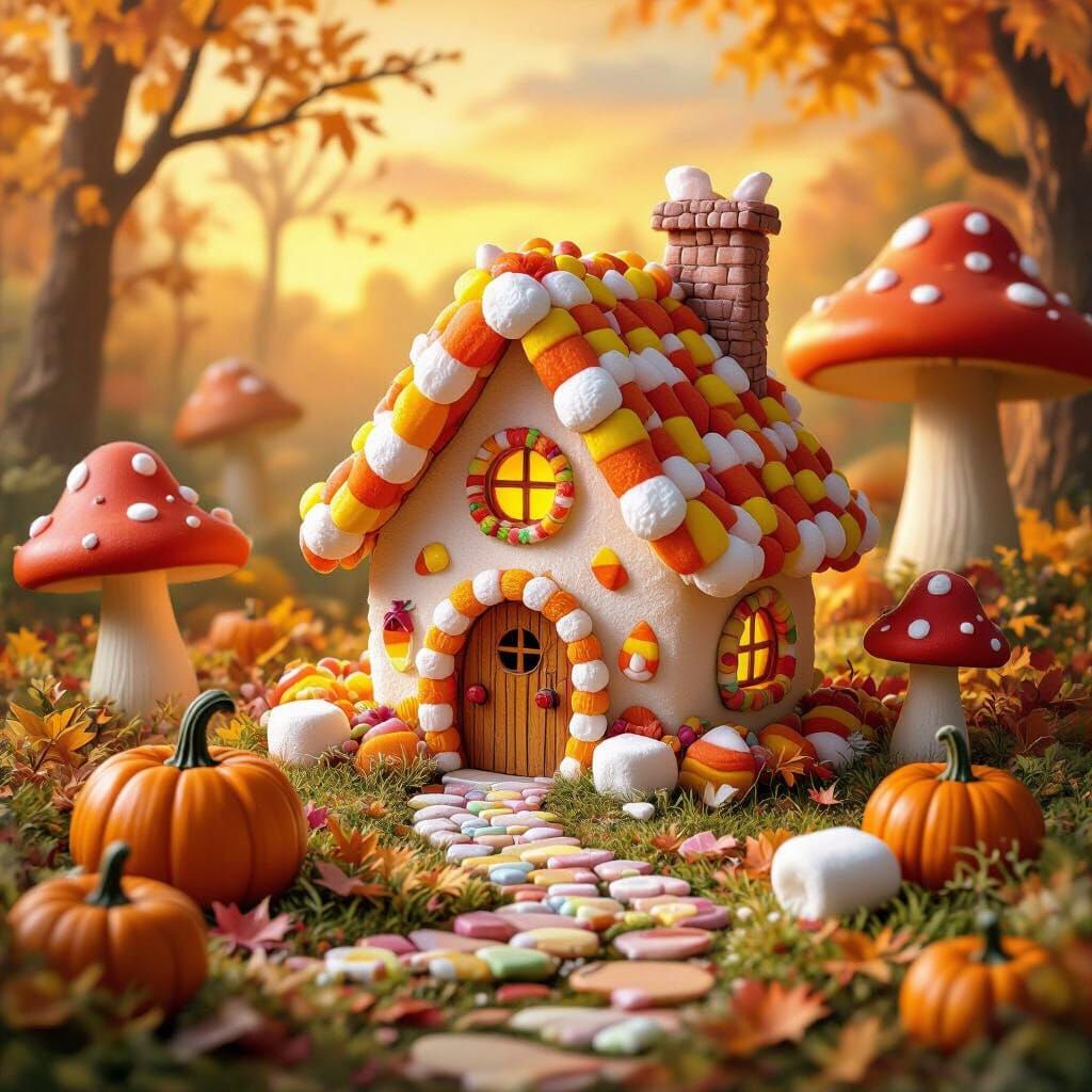 Candy Corn Fairy House in Fall Candy Woodlands
