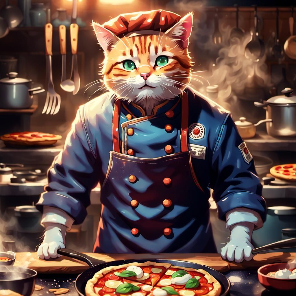 Adorable Anime Cat Cooking Pizza with Micropop Elements