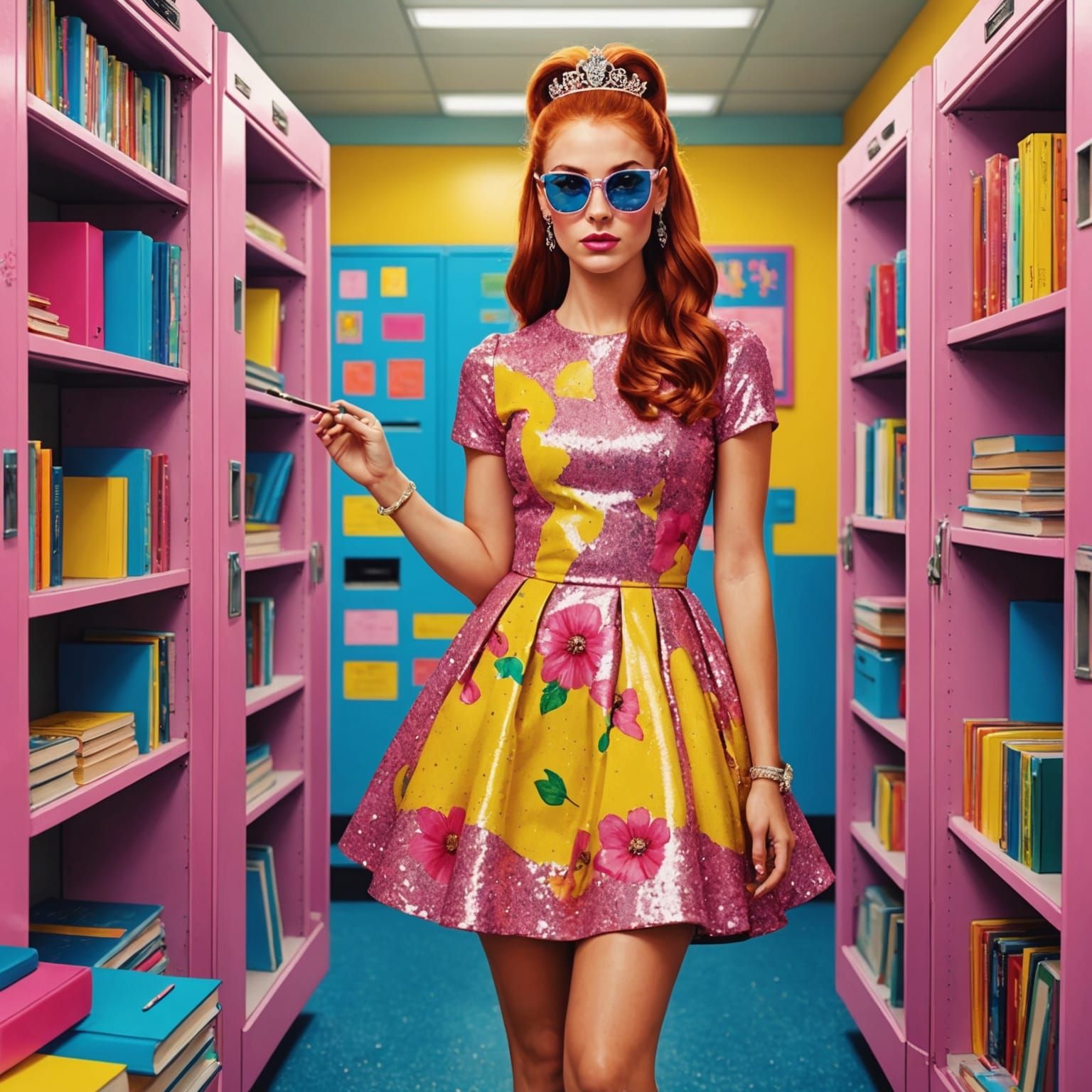 High School Girl with Pink Dress in Pop Art Style