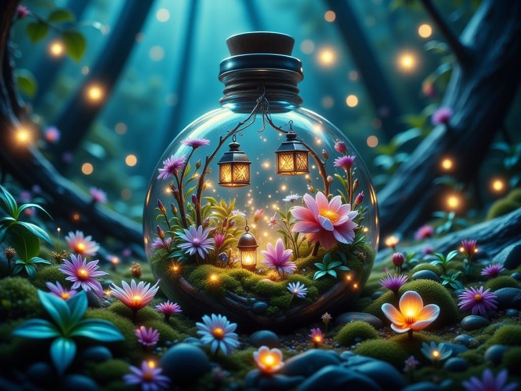 Whimsical Miniature Garden in Glass Bottle, Bioluminescent B...