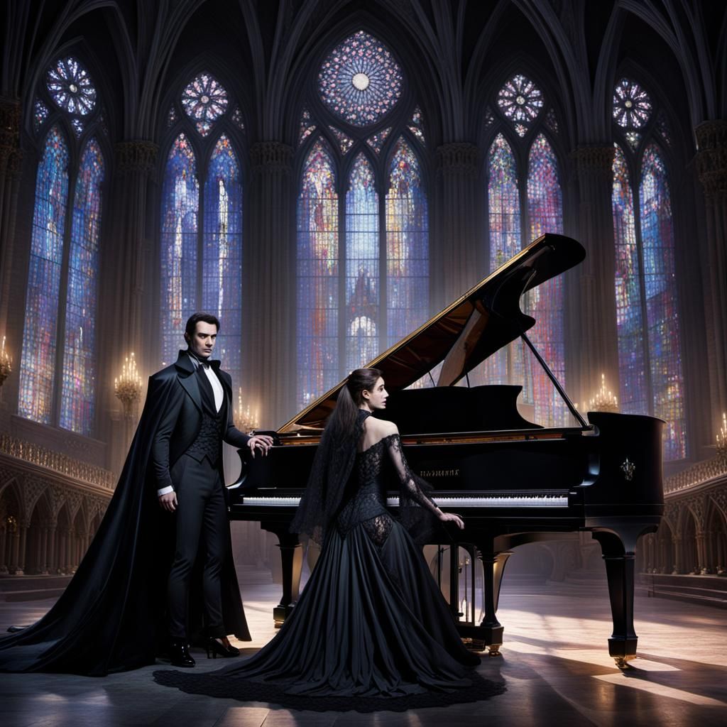 Vampire Pianist in Gothic Cathedral, Digital Art