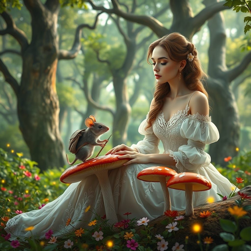 Whimsical Woman in Lush Forest, Surrounded by Nature's Wonde...