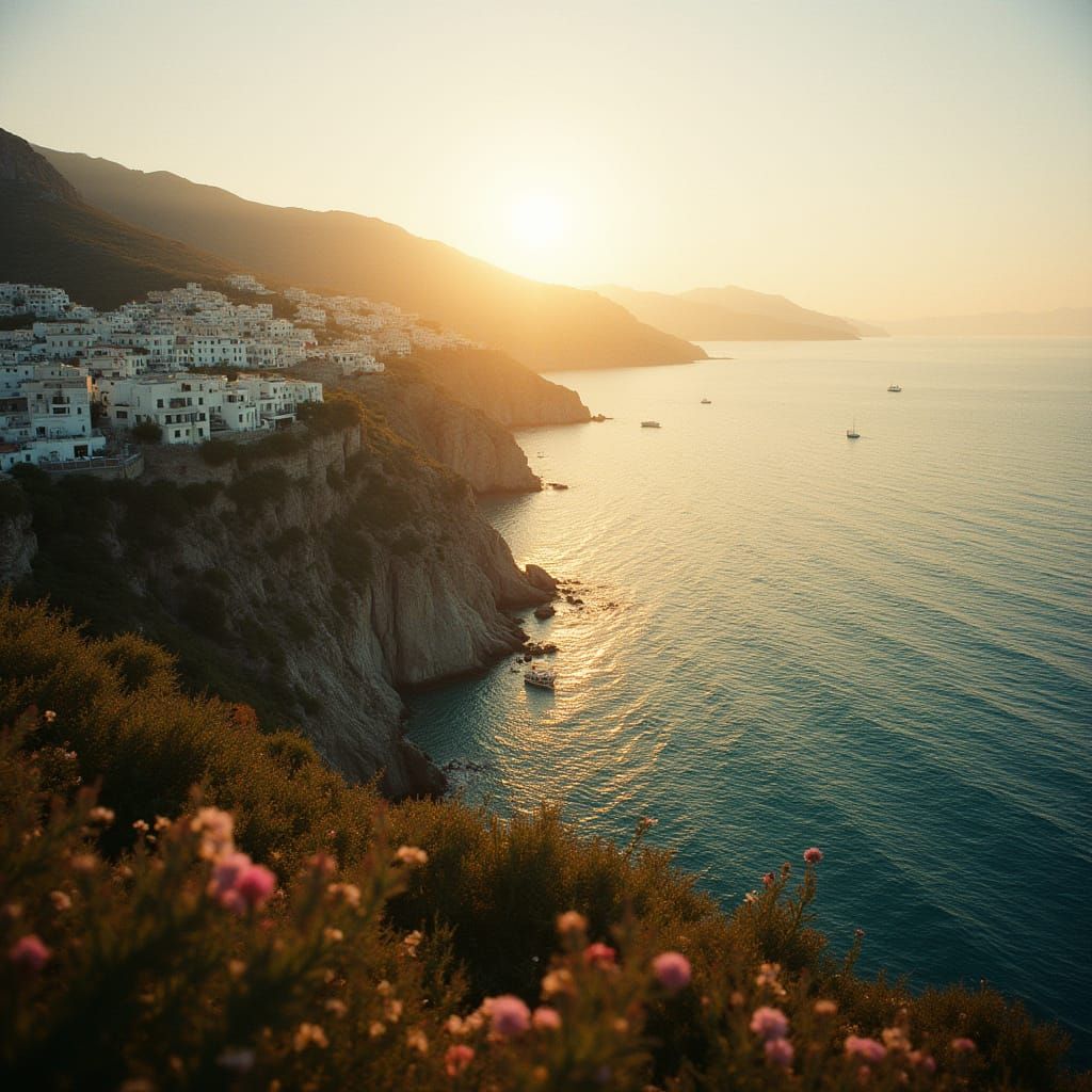 Mediterranean Sunset: Whitewashed Villas on Turquoise Sea