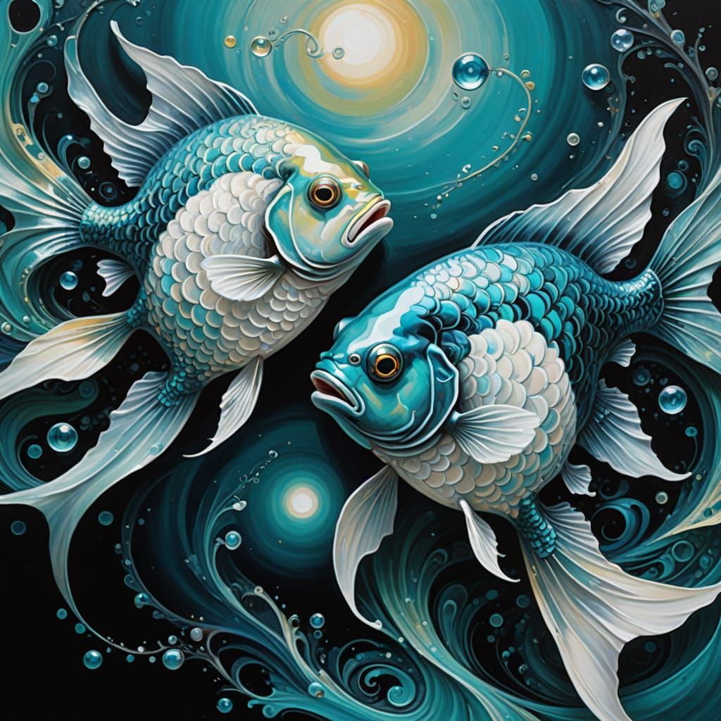 Surreal Oil Painting of Two Fish in Yin-Yang Harmony