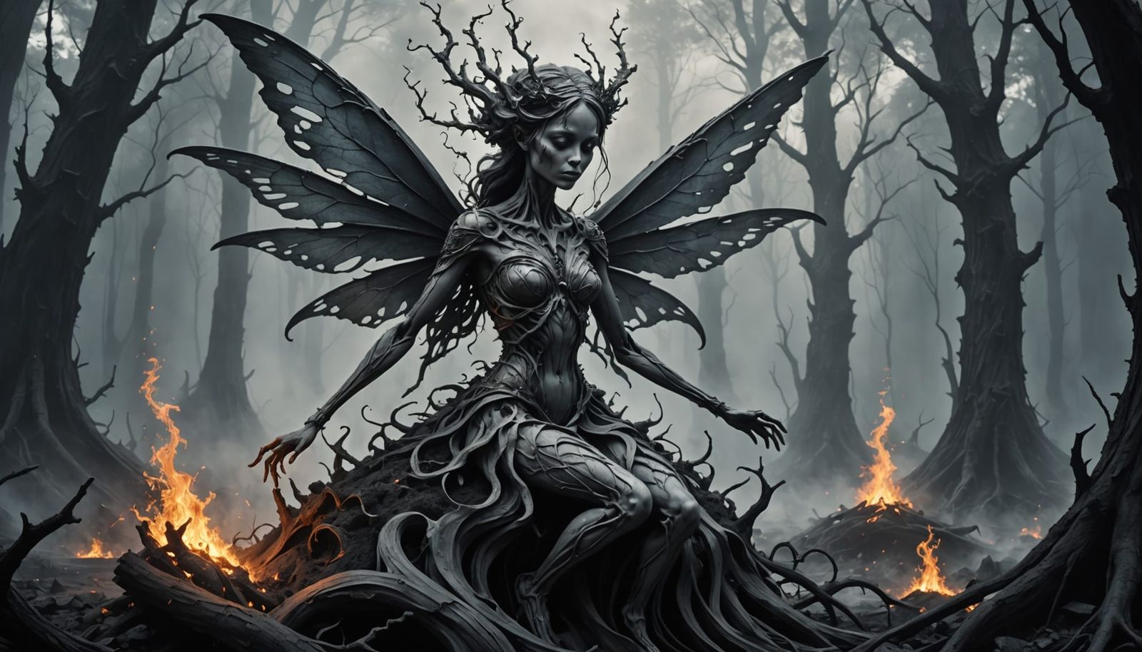 Ethereal Ash Fairy in Charred Forest, Dark Fantasy Art