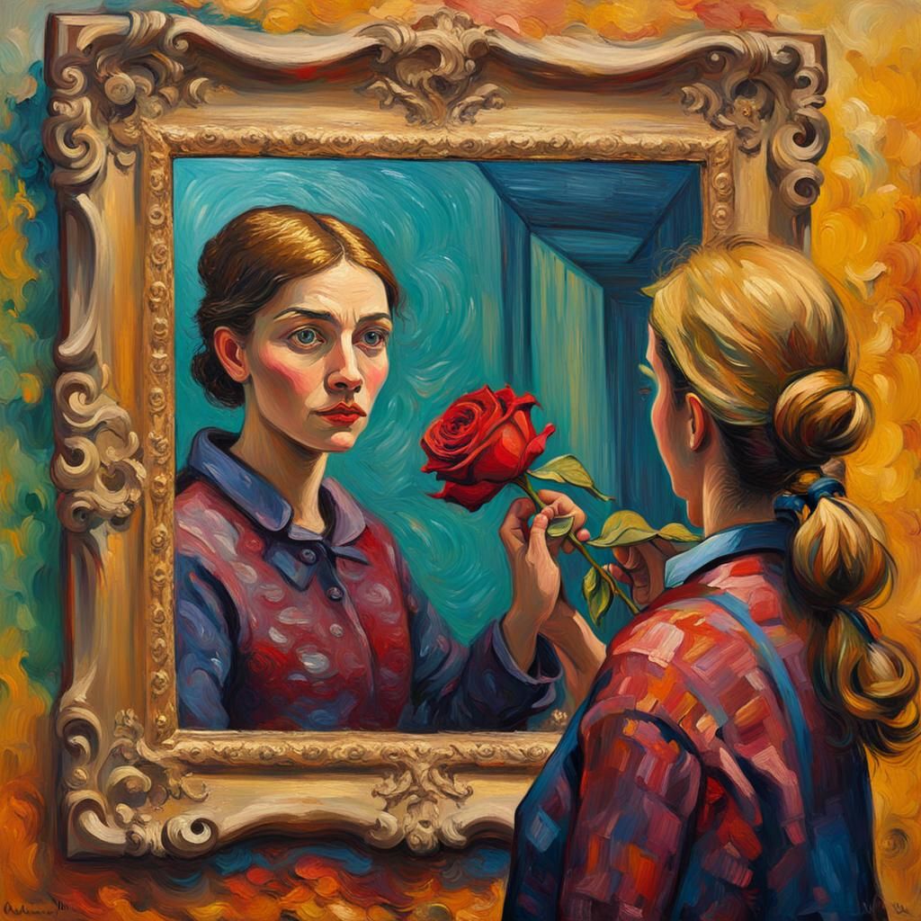 Woman with Rose Gazing into Mirror as Impasto Painting