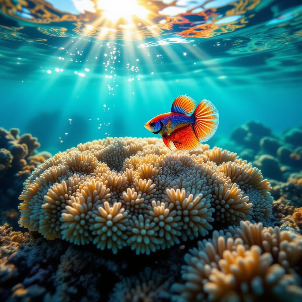 Vibrant Coral Atoll with Betta Fish in Tropical Ocean