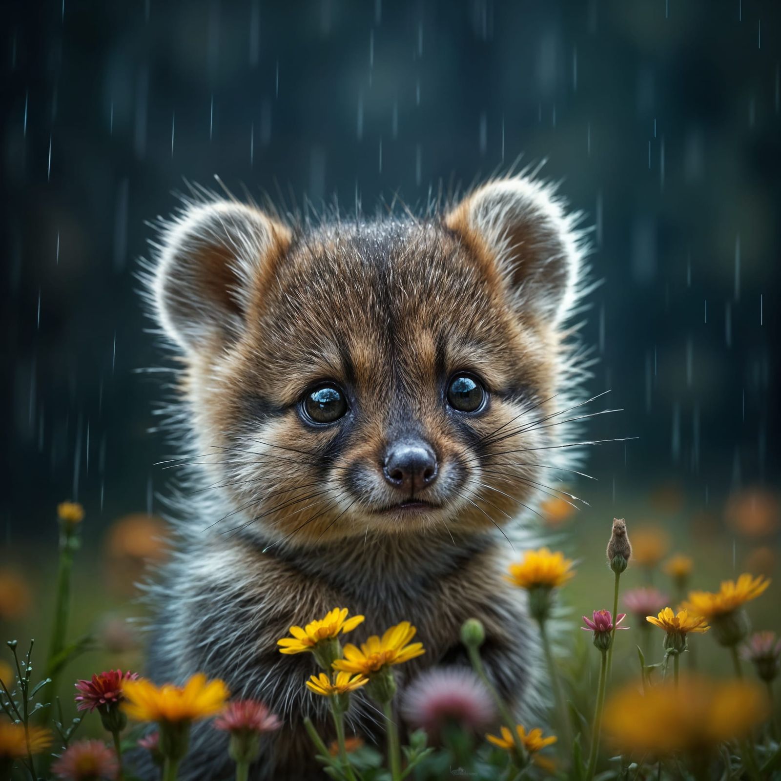 Photorealistic Baby Quokka Portrait in Rain