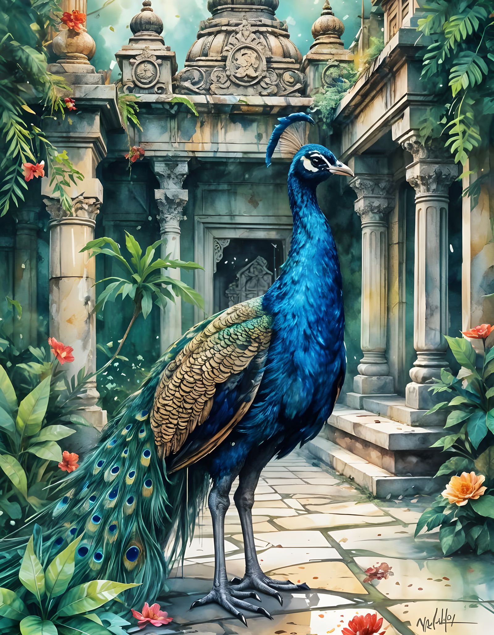 Peacock in Temple Garden: Watercolor Art