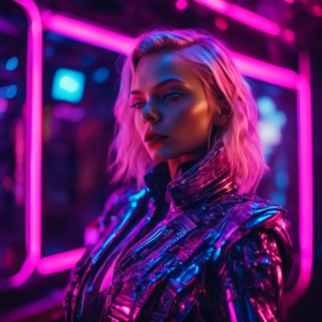 Cyberpunk Woman in Neon-Lit Retro-Futuristic Scene