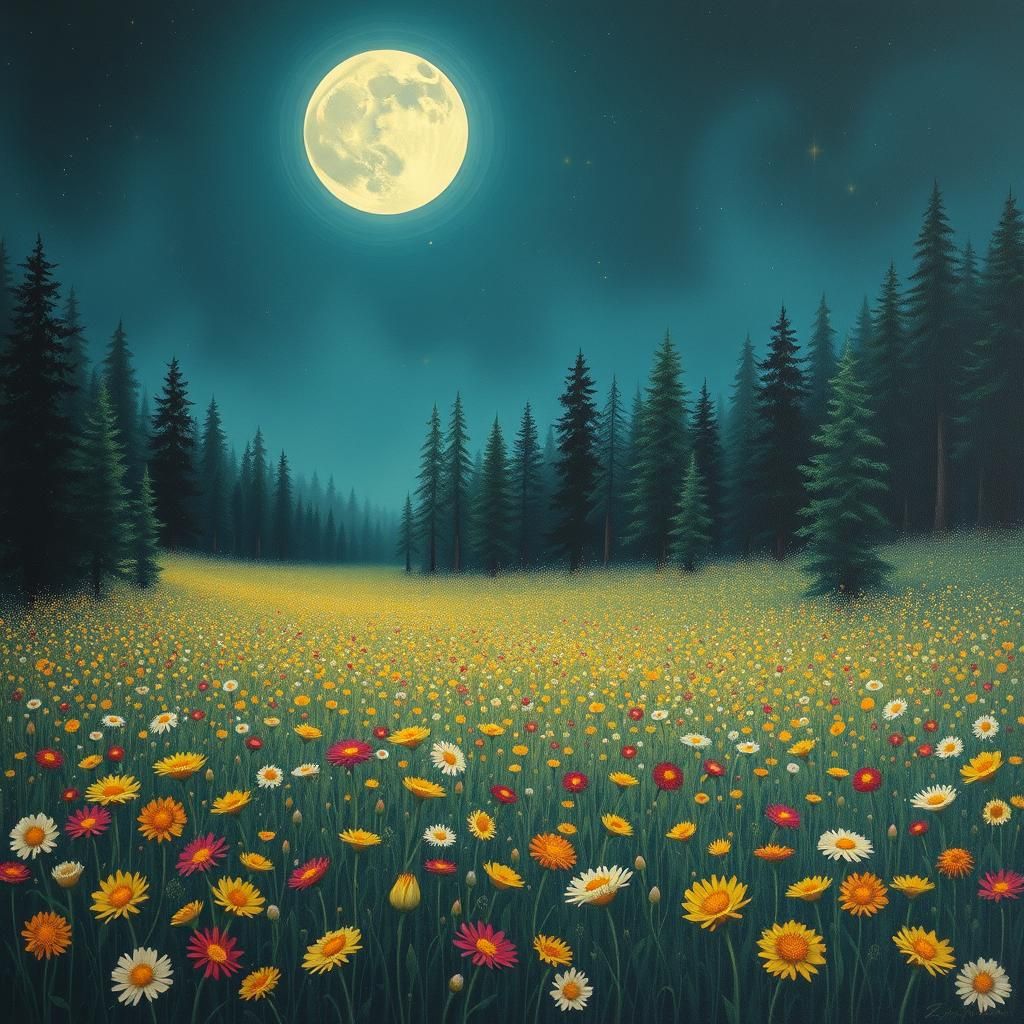Moonlit Flower Field Painting with Golden Orbs
