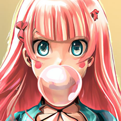Anime Girl Blowing Bubblegum Bubble in Manga Style