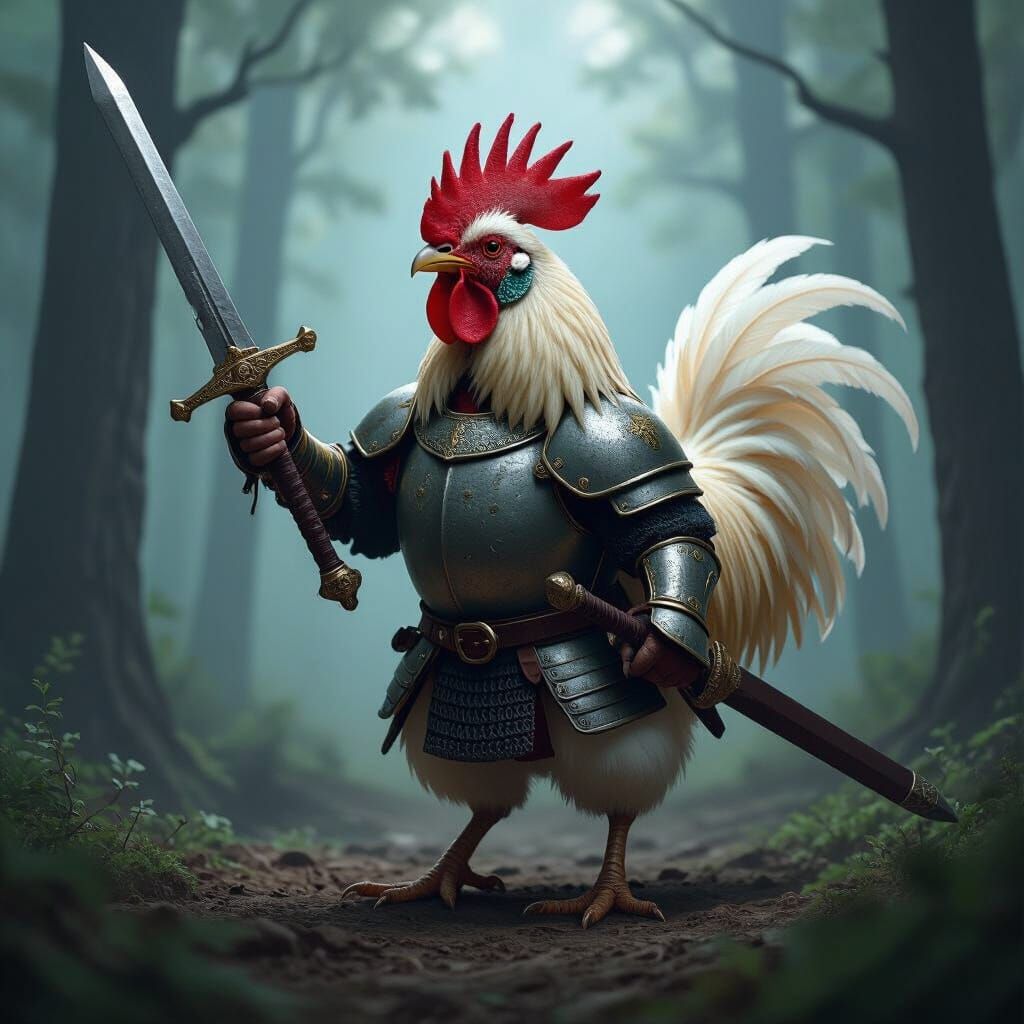 Silkie Rooster Warrior in Dark Forest