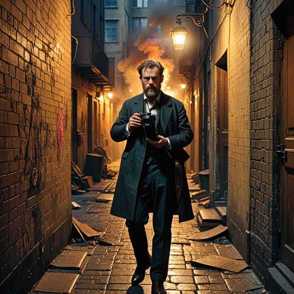 Hypermodernist Portrait of a CIA Agent in a Smoky Alleyway