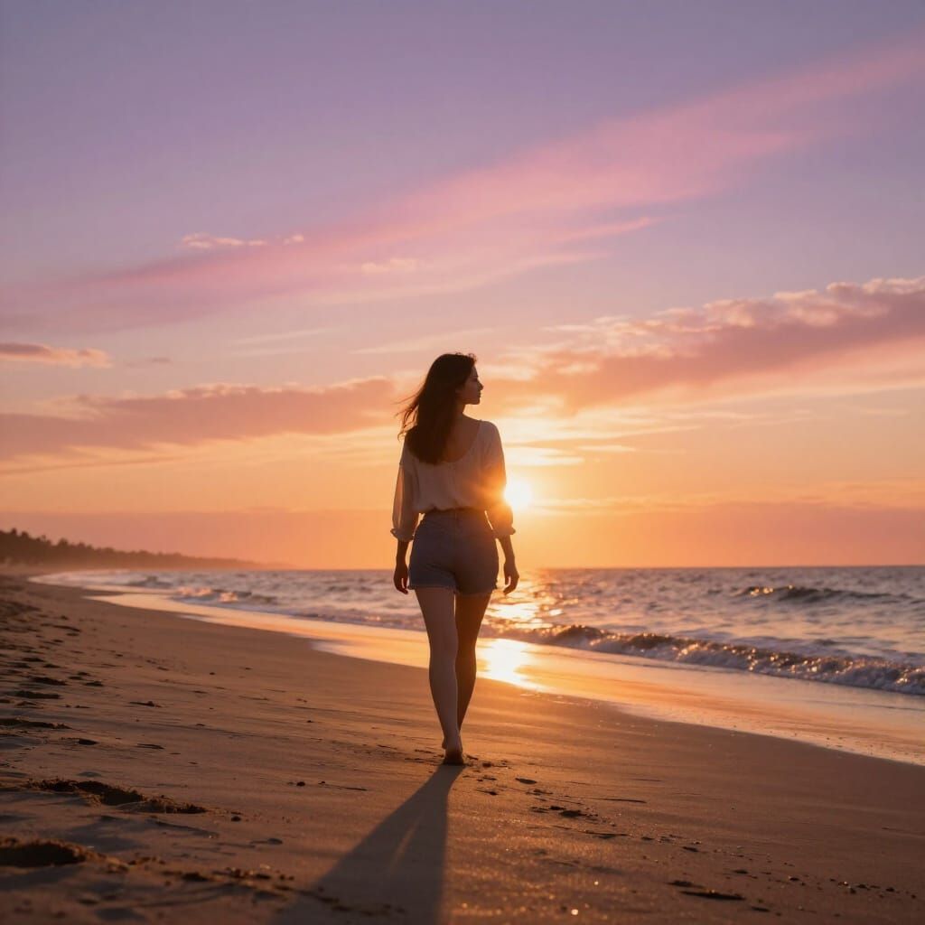 Woman Walking on Beach at Sunset in Photorealistic Style