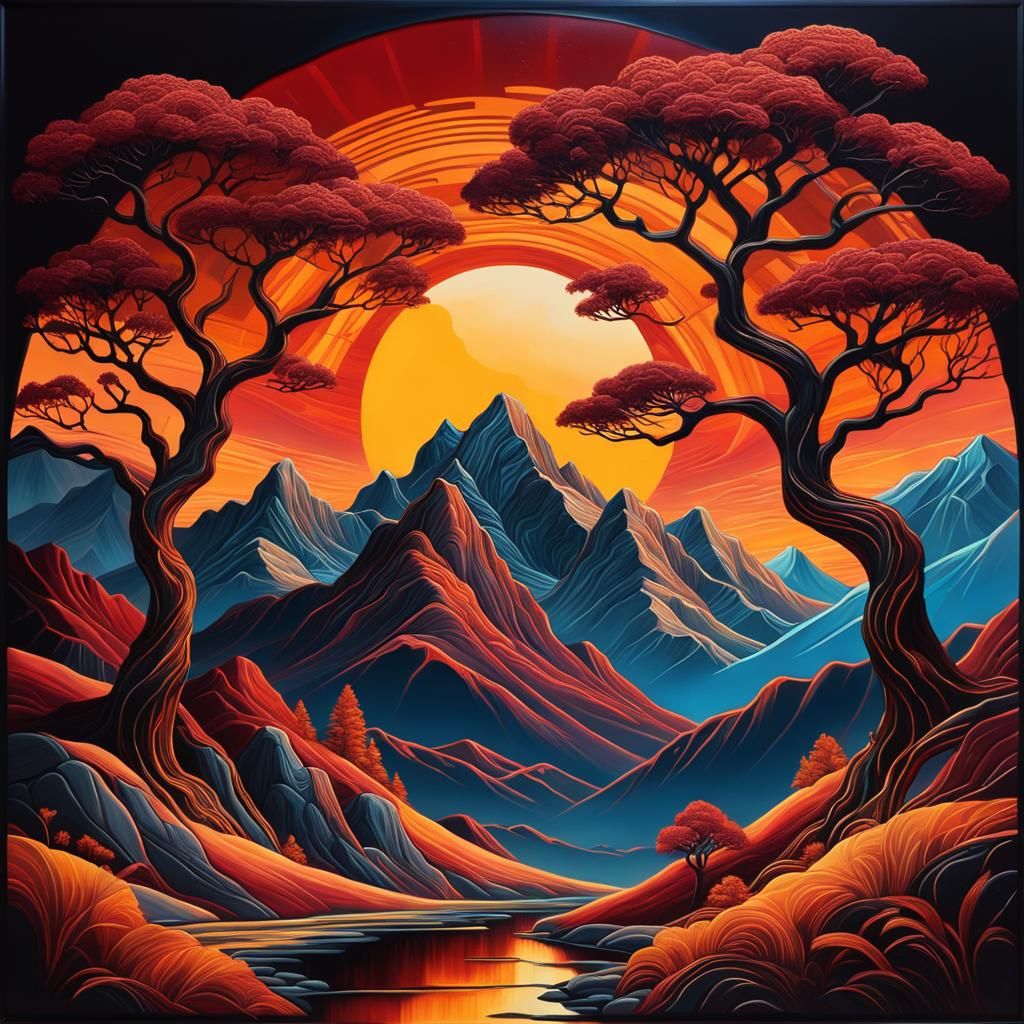 Mountains and Trees in Neon Modern Art Nouveau