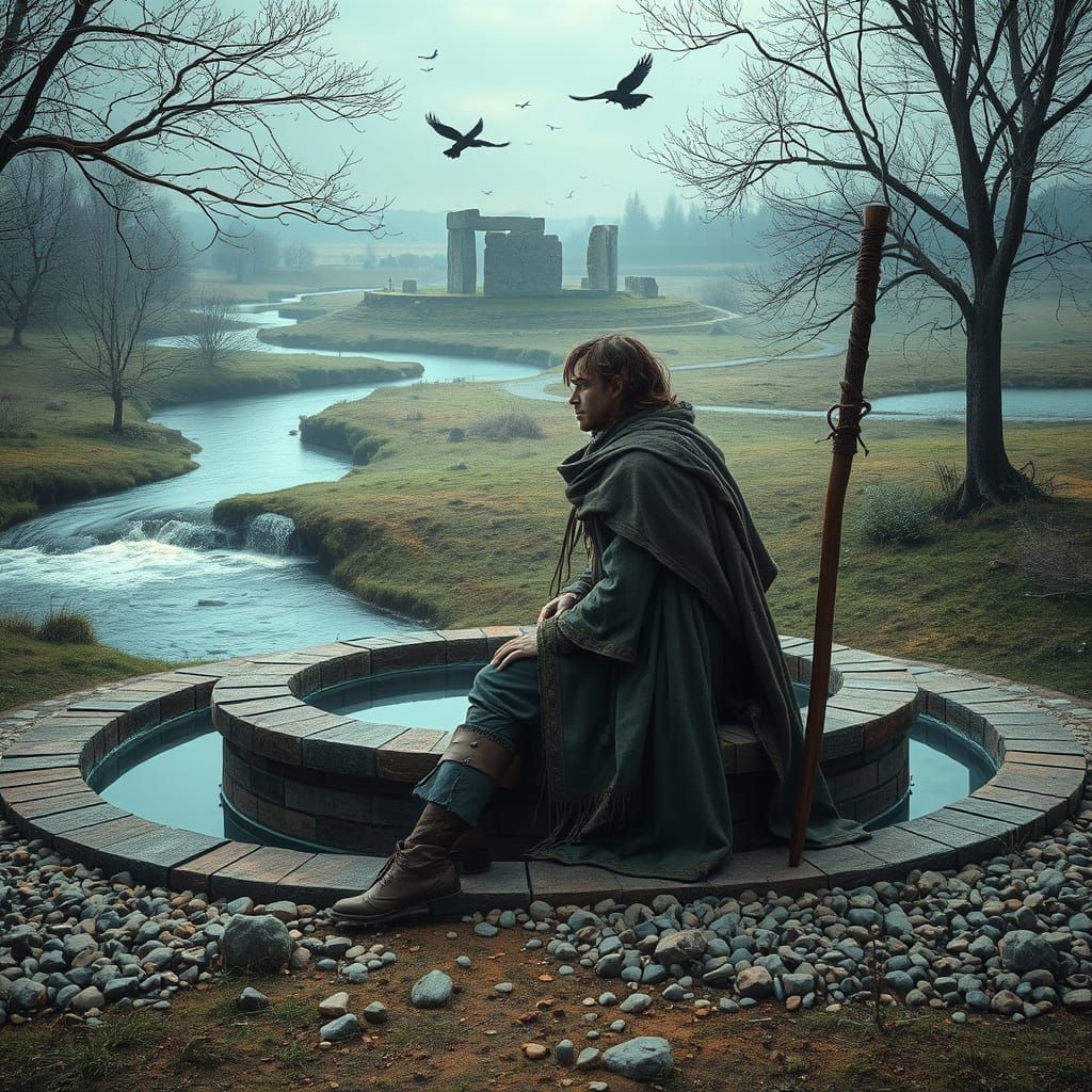 Celtic Traveler Gazing at Pond in Dreamlike Landscape