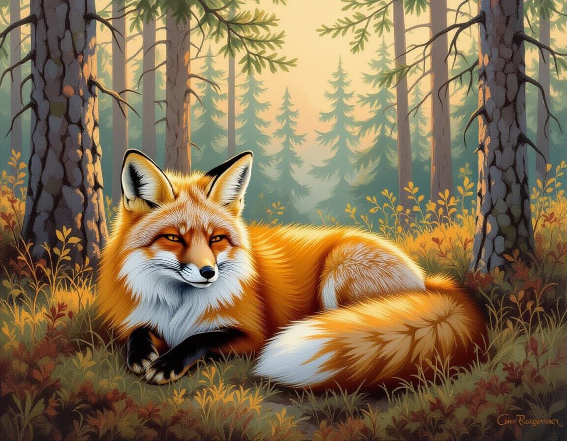 Red Fox Resting in Coniferous Forest Painting