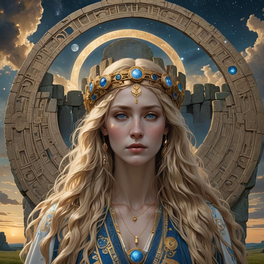 Priestess at Stonehenge in Art Nouveau Style