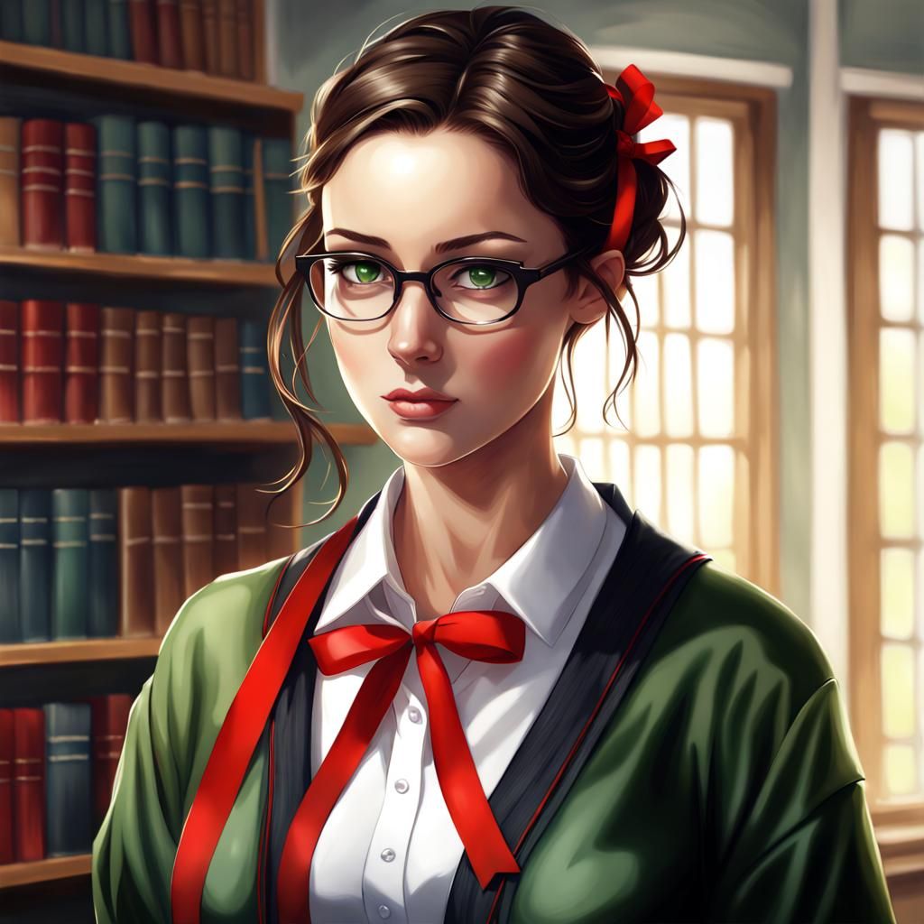 Beautiful Librarian with Red Ribbon and Glasses