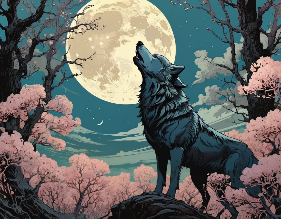 Surreal Moon Wolf in Vibrant Spring Colors