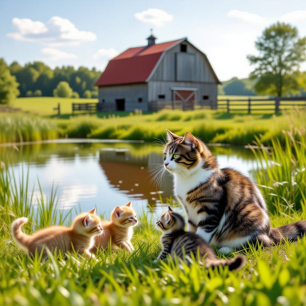 Cats and Kittens Playing by Pond on Sunny Day