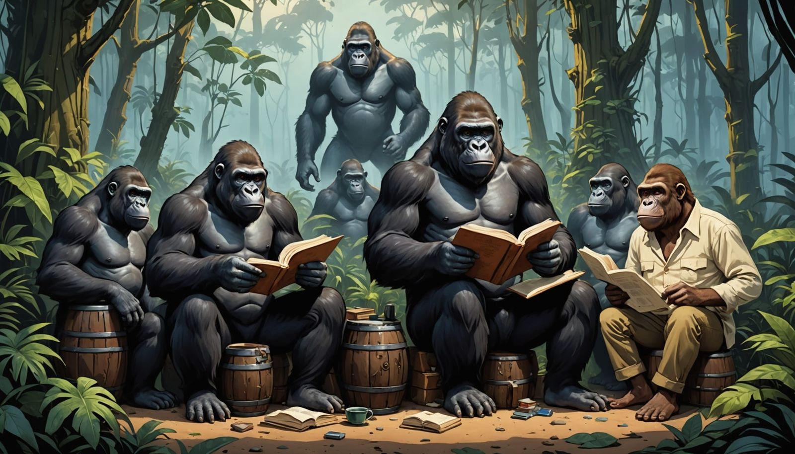 Gorillas Reading Philosophy in Jungle Mist