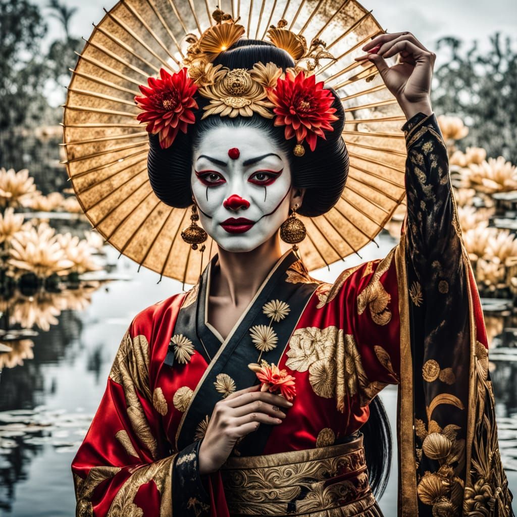 Zombie Geisha Clown in Mirrored Reflection