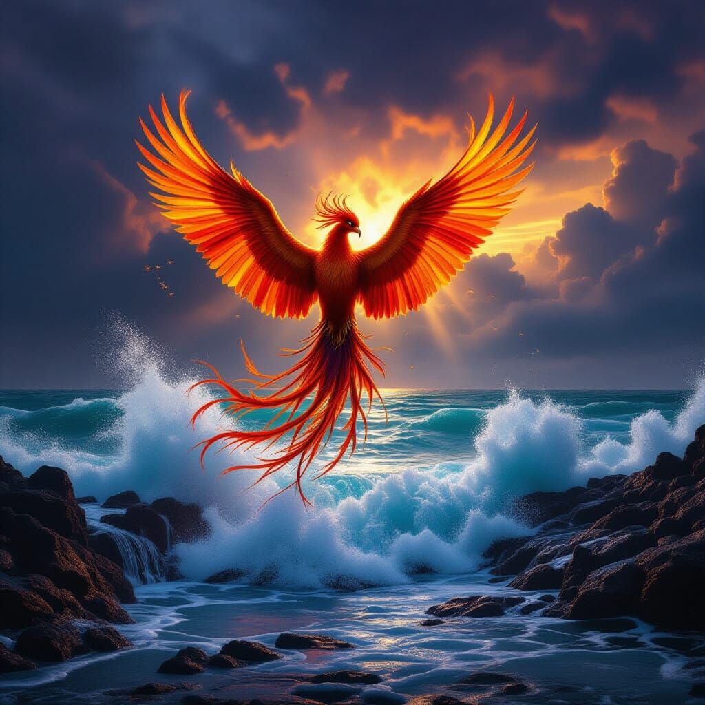 Majestic Phoenix Rises from Stormy Seas