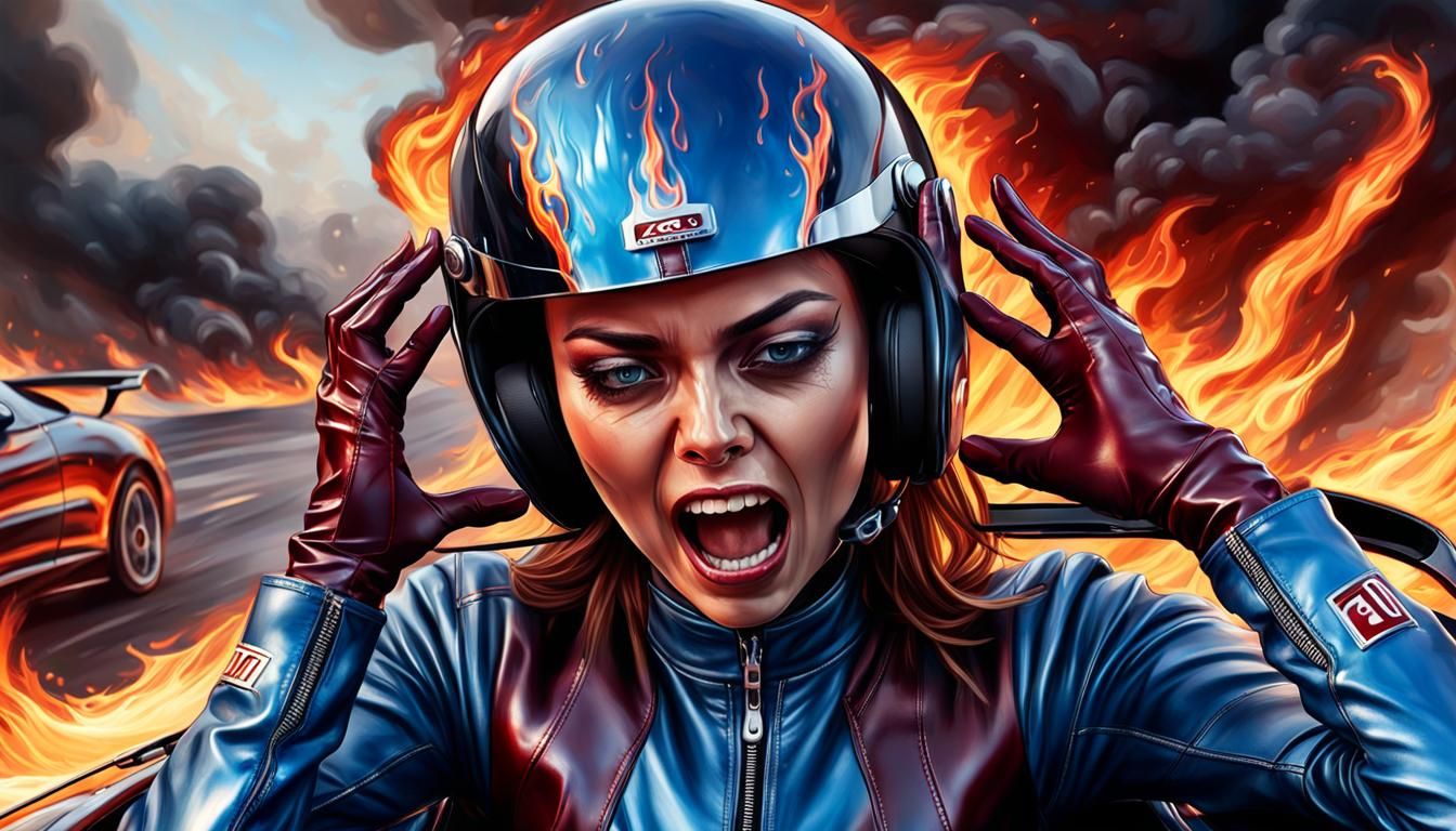 Girl in Burning Car: Hyperrealistic Concept Art