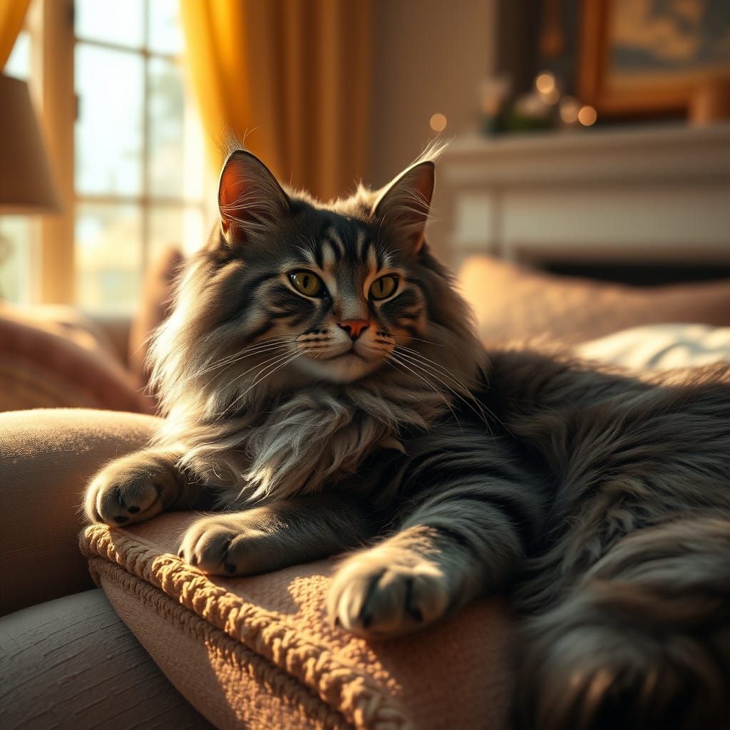 Serene Grey Tabby Cat in Cozy Living Room Setting