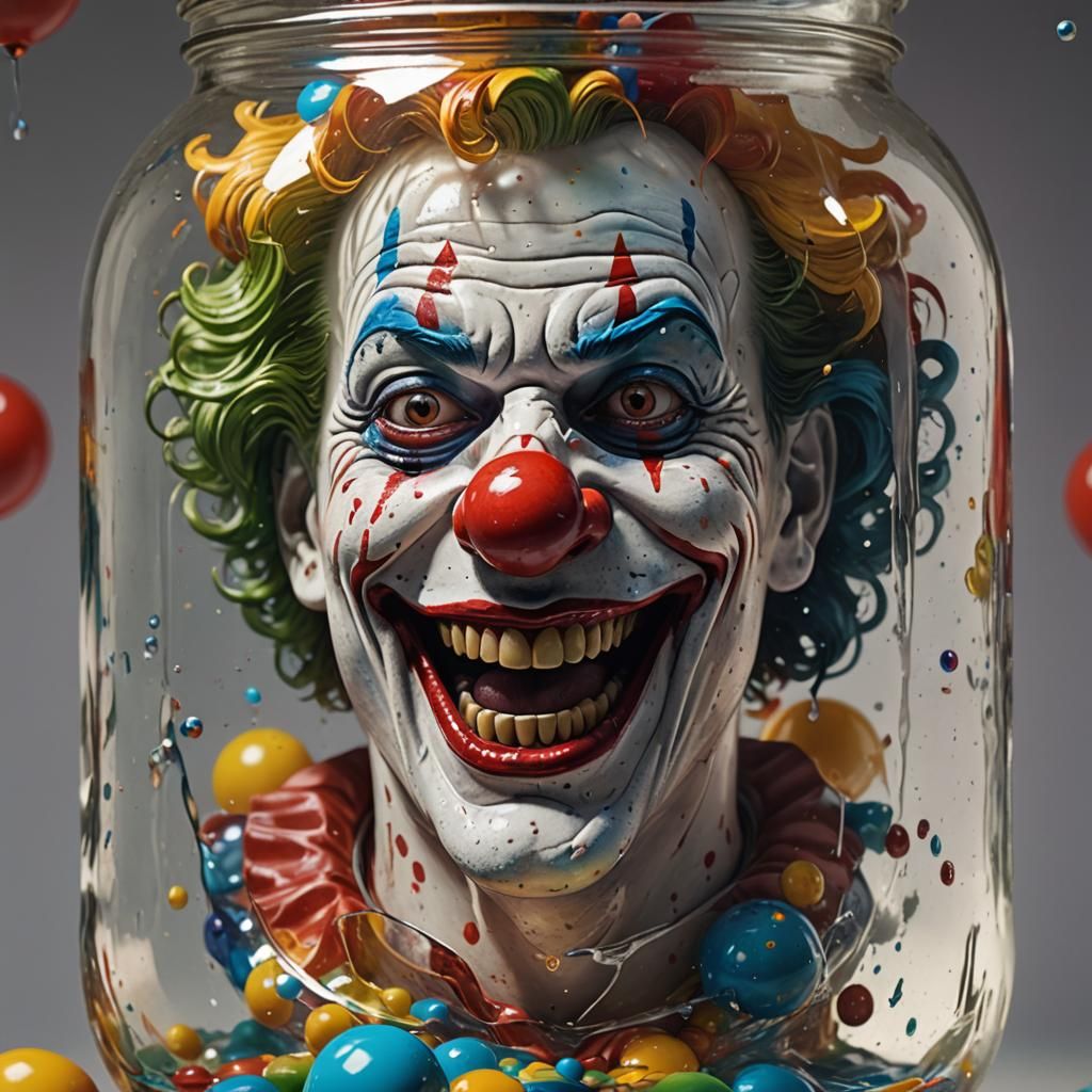 Hyperrealistic Clown in a Jar: Splash Art